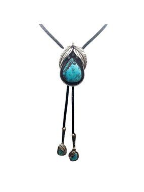Navajo Bolo Tie Turquoise Cabochon Silver Slide & Tips Braided Leather Western